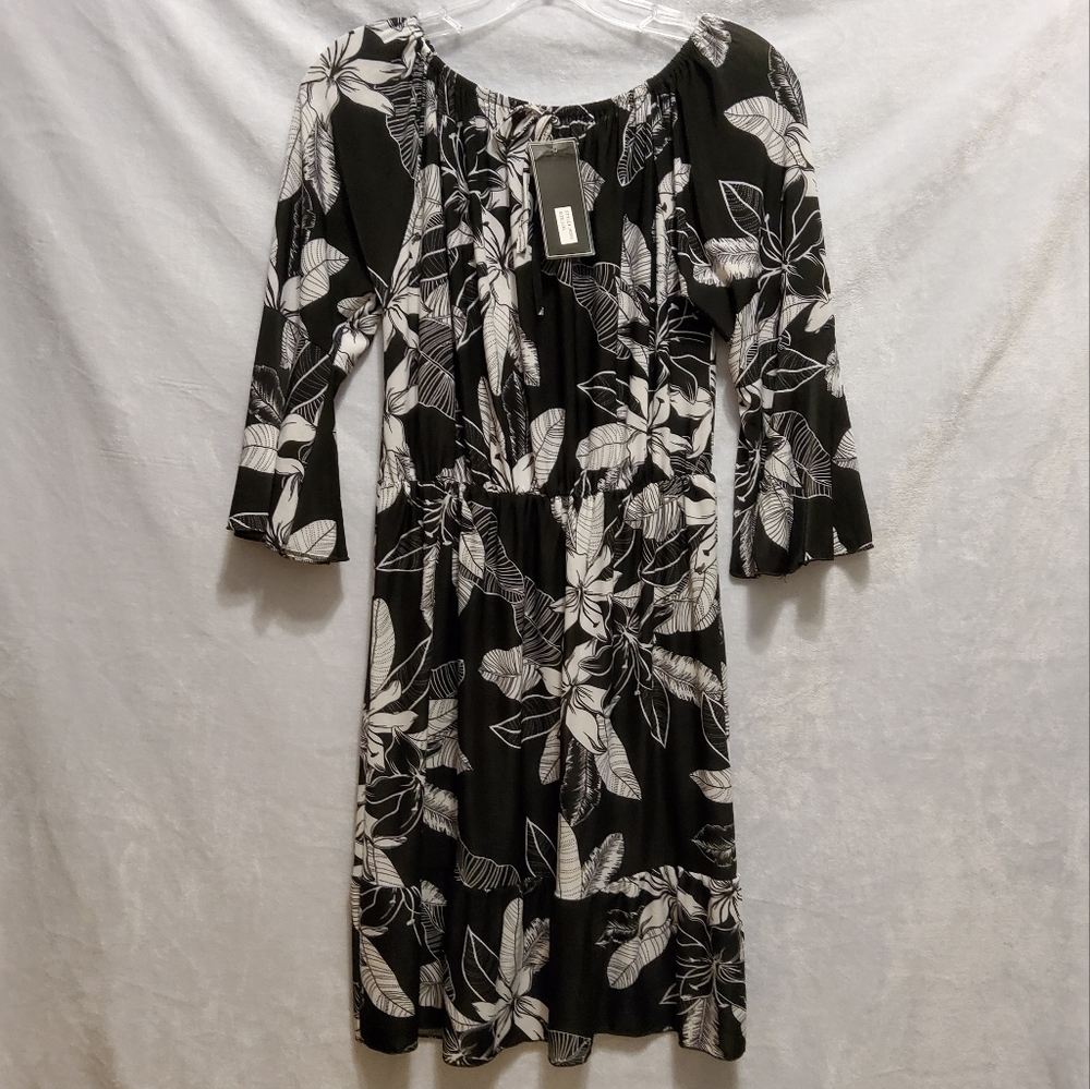 NWT! C-MODE BLOUSON DRESS Off THE SHOULDER 3/4 LENGHT BELL SLEEVE FLORAL SZ L/XL